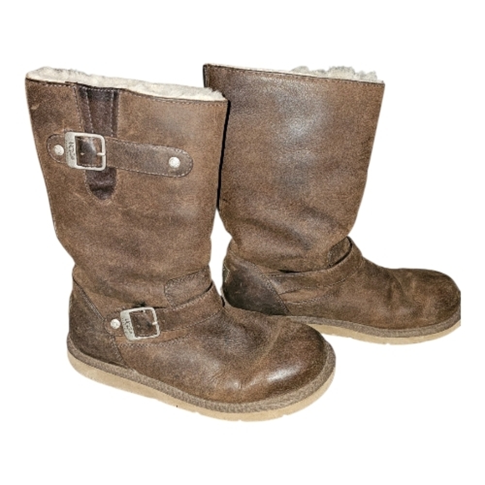 UGG Brown Suede Shearling-Lined Mid-Calf Buckle Boots
